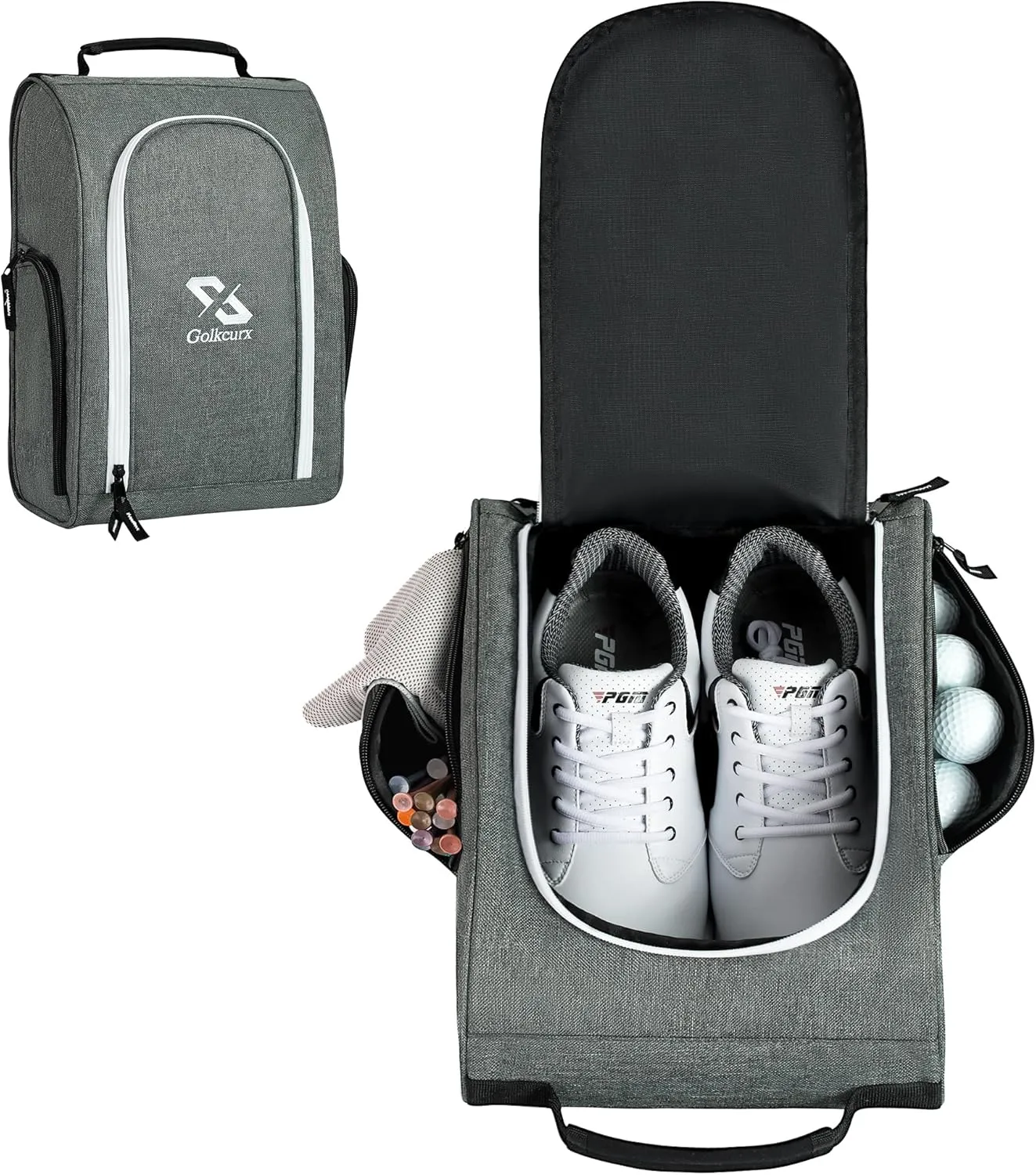 Golkcurx Golf Shoe Bag for Travel Zippered Sport Shoe Carrier Bags with Side Accessory Pockets for Socks, Tees, Golf Balls（Grey）