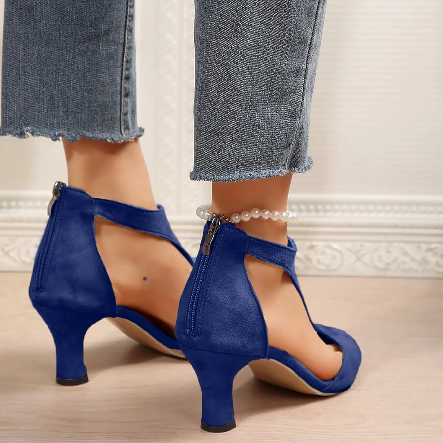 Heel Sandals for Women Dressy Suede Heels Casual Chunky Office Shoes Peep Toe Pumps Shoes T Strap High Sandals