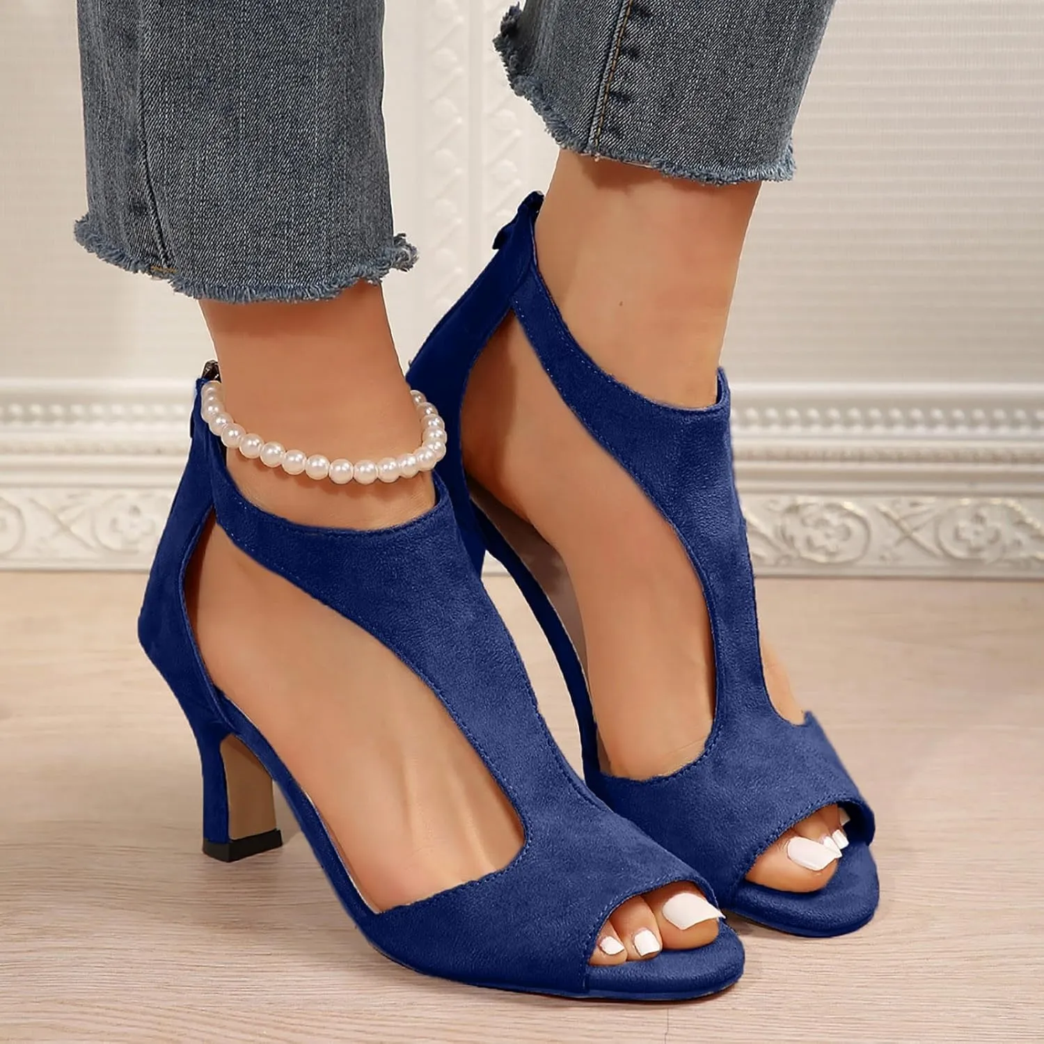 Heel Sandals for Women Dressy Suede Heels Casual Chunky Office Shoes Peep Toe Pumps Shoes T Strap High Sandals