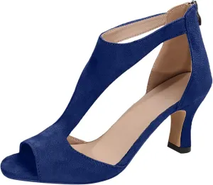 Heel Sandals for Women Dressy Suede Heels Casual Chunky Office Shoes Peep Toe Pumps Shoes T Strap High Sandals