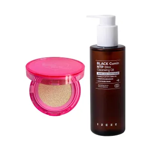 IZEZE Love Me Cushion 0.49 oz, 14g (#21 Light Nude) and Black Cumin NTP Bliss Cleansing Oil 6.76 fl.oz, 200ml Bundle l Flawless Skin Finish, Complete Makeup Removal Routine