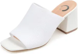 Journee Square Open Toe Chunky Block Heel Knit Slip-On Pump for Women - Lorenna Heeled Fashion Mule White, 7.5 Wide
