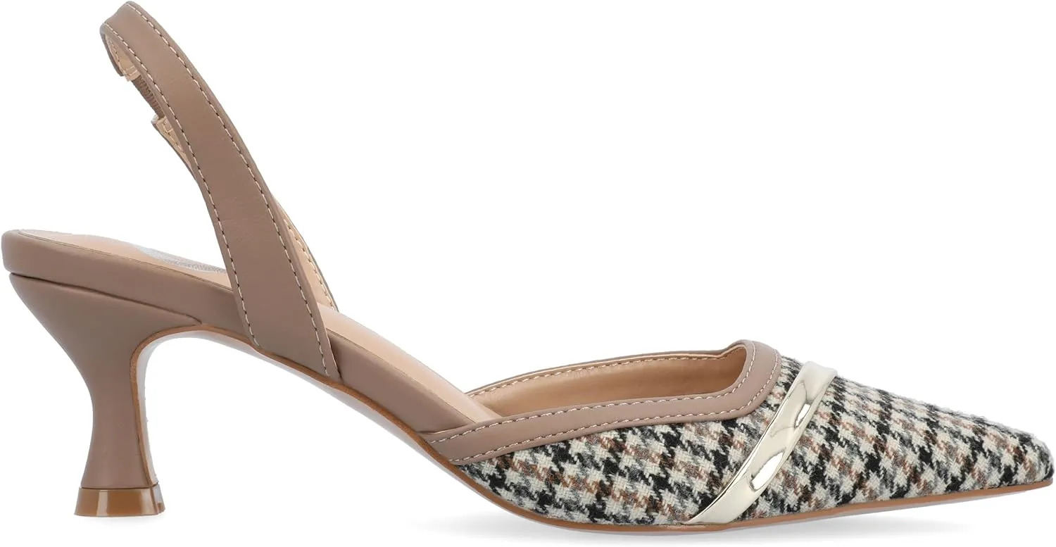 Journee Womens Slip On Mule Houndstooth Kitten Heel Slingback Closed Pointed Toe Nellia Padded Pump