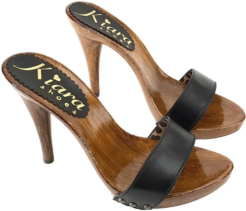 Kiara Shoes Clogs Sexy with Black Leather Band Heel 12 - KM7103 Nero
