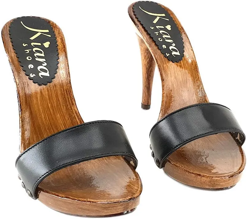 Kiara Shoes Clogs Sexy with Black Leather Band Heel 12 - KM7103 Nero