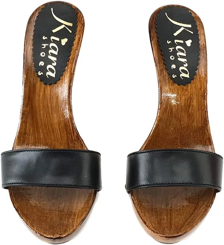 Kiara Shoes Clogs Sexy with Black Leather Band Heel 12 - KM7103 Nero
