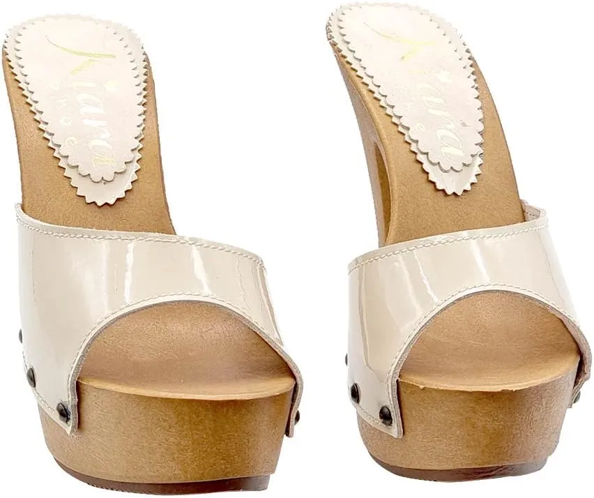 Kiara Shoes Women's Clog in Patent Leather - Made in Italy - K93001 V Beige