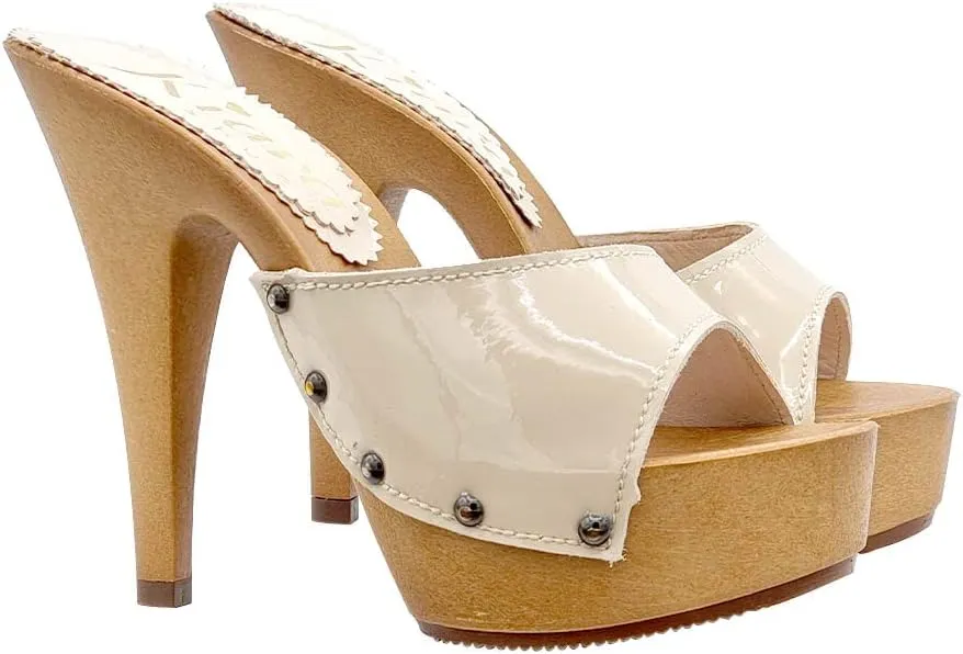 Kiara Shoes Women's Clog in Patent Leather - Made in Italy - K93001 V Beige