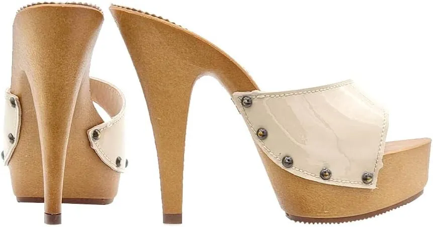 Kiara Shoes Women's Clog in Patent Leather - Made in Italy - K93001 V Beige