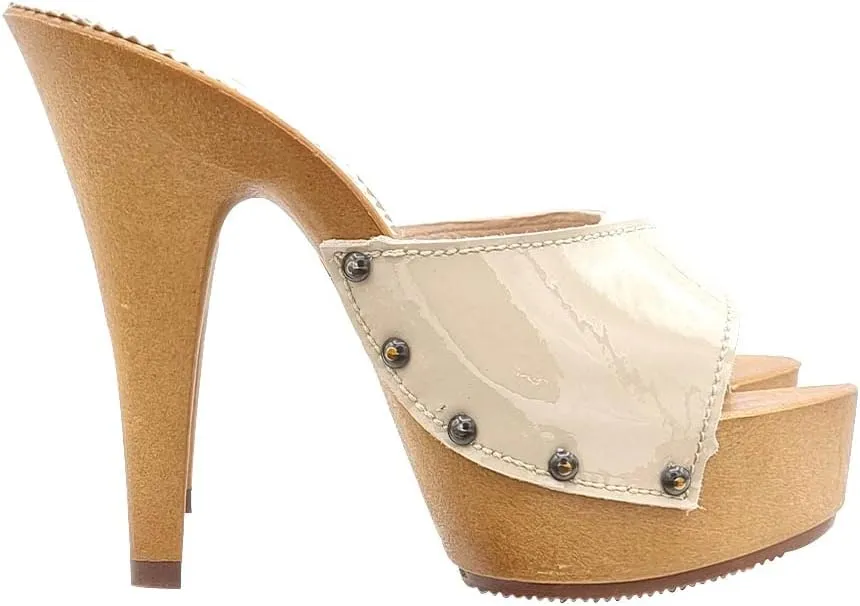 Kiara Shoes Women's Clog in Patent Leather - Made in Italy - K93001 V Beige