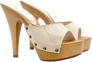Kiara Shoes Women's Clog in Patent Leather - Made in Italy - K93001 V Beige