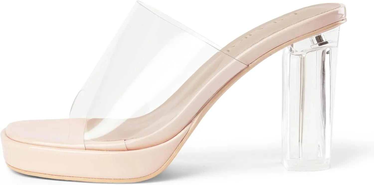 LALA IKAI Women's Clear Heels Platform Slip On Open Toe Heels Sandals Gold Nude Sliver Chunky Block Heeled Slipper Dress Shoes