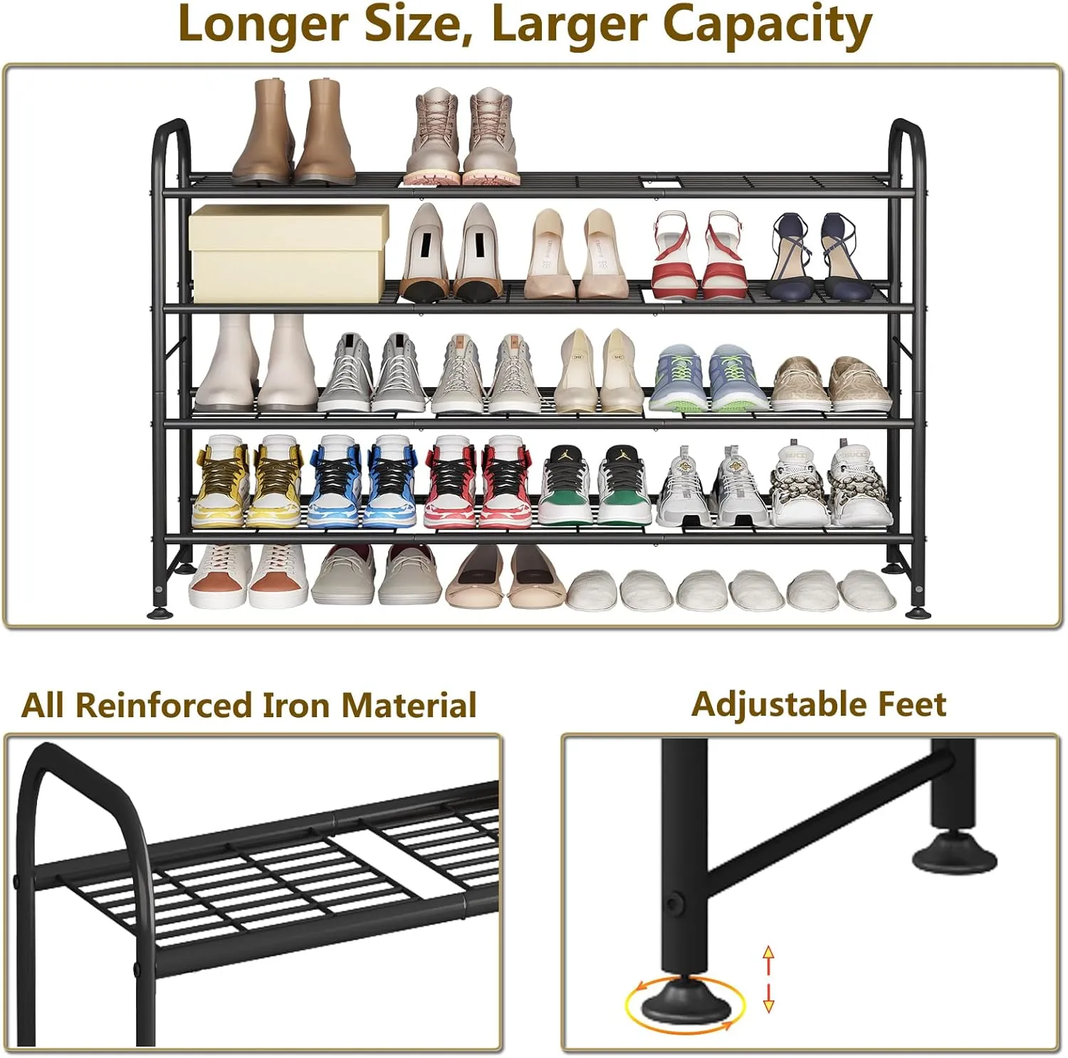 LINZINAR Shoe Rack Long 4 Tier Shoe Storage Organizer Metal Wide Shoe Shelf for Closet Entryway Bedroom 24 Paris Large Capacity, Gold Black