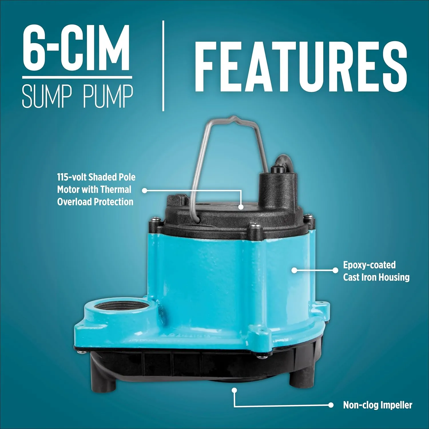 Little Giant 6-CIM-R 115-Volt, 1/3 HP, 2750 GPH Manual Submersible Sump/Utility Pump with 10-Ft. Cord, Blue, 506271
