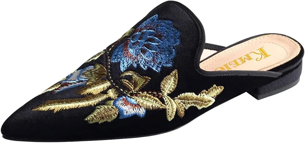 Loafers for Women, Womens Embroidery Mule Shoes Velvet Backless Slip On Loafers Pointed Toe Flat Mule Slides