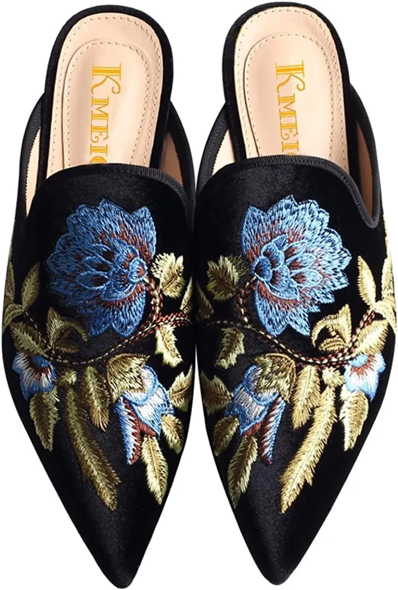 Loafers for Women, Womens Embroidery Mule Shoes Velvet Backless Slip On Loafers Pointed Toe Flat Mule Slides