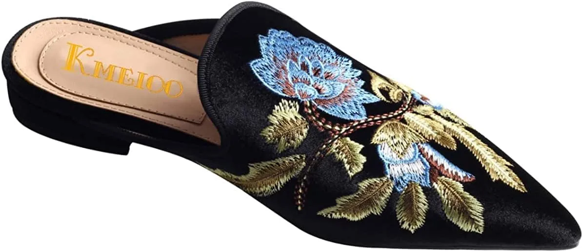 Loafers for Women, Womens Embroidery Mule Shoes Velvet Backless Slip On Loafers Pointed Toe Flat Mule Slides