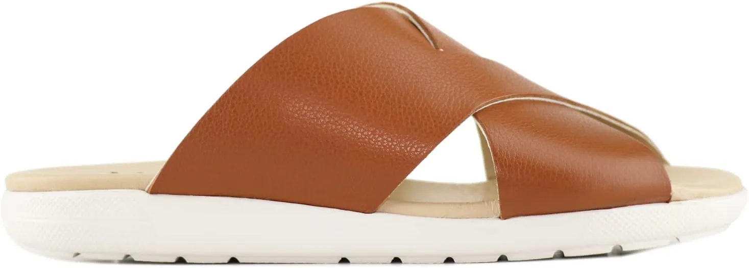 Marc Joseph New York Womens Casual Genuine Leather Flat Slide Mules Criss Cross Sandals Open Toe Backless Comfortable Lightweight EVA Sole Fashion Slip-on Slides