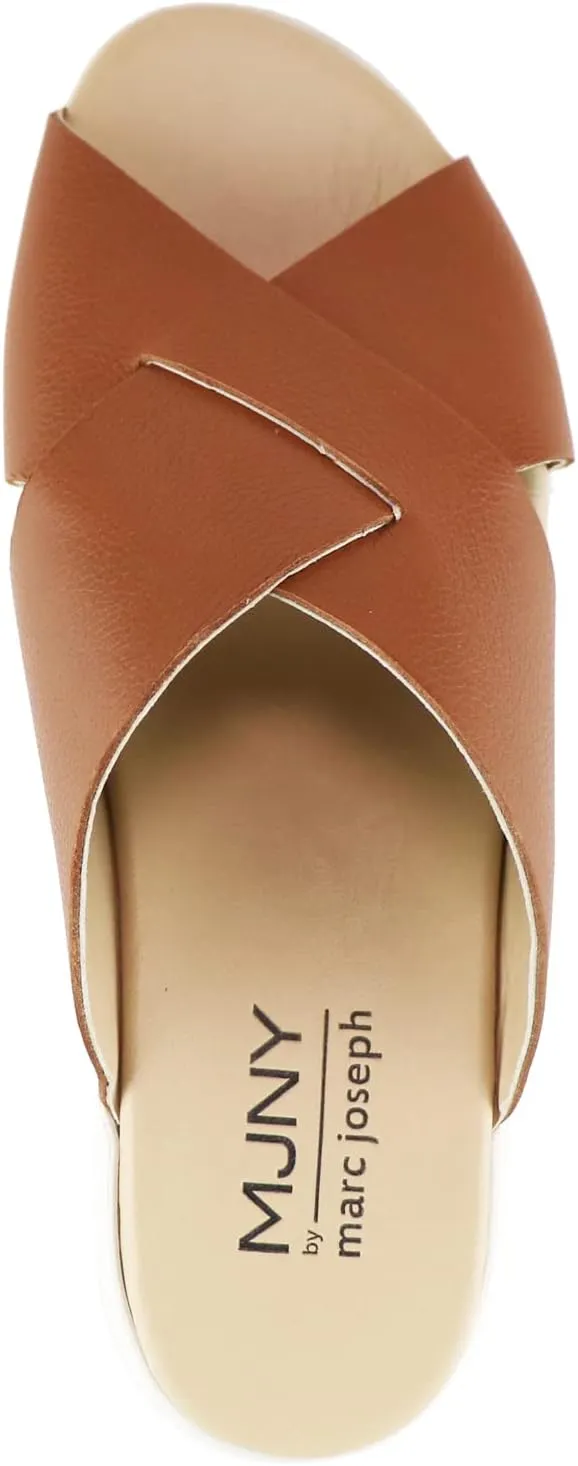 Marc Joseph New York Womens Casual Genuine Leather Flat Slide Mules Criss Cross Sandals Open Toe Backless Comfortable Lightweight EVA Sole Fashion Slip-on Slides