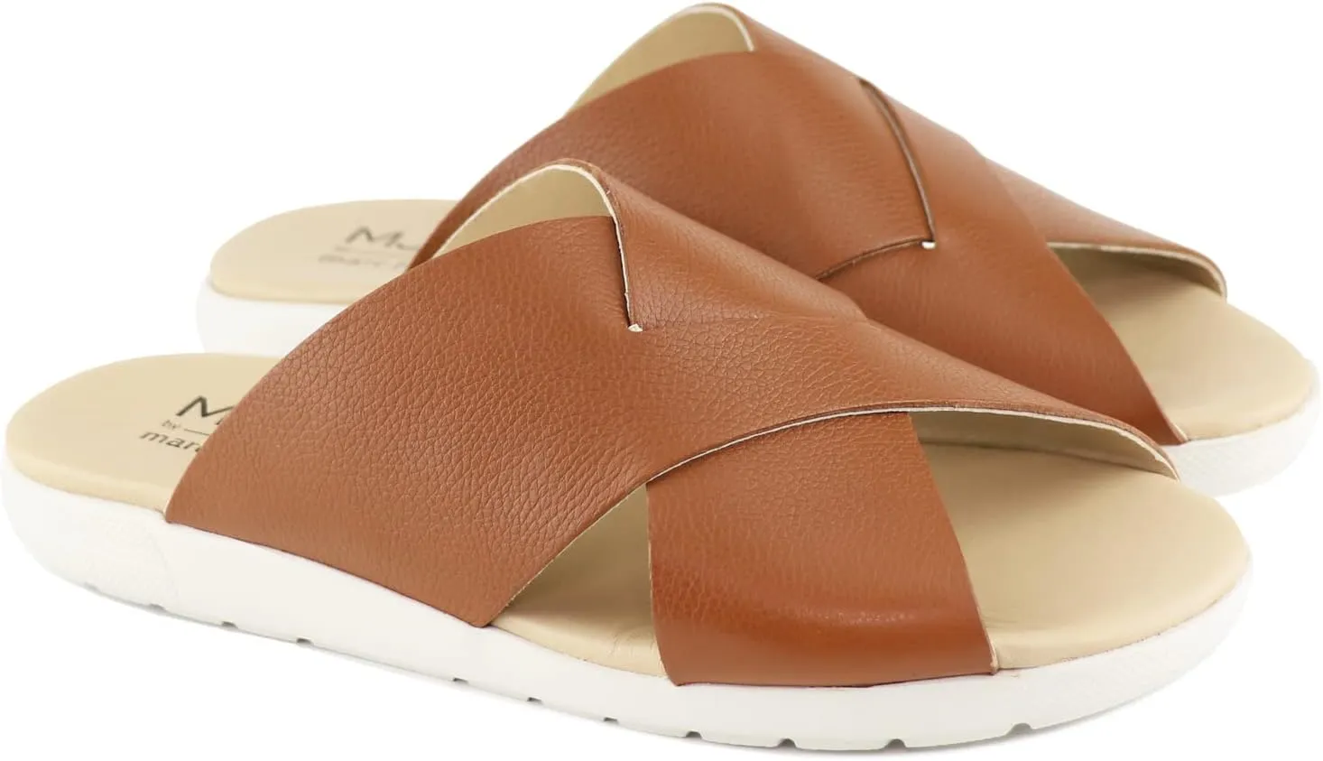 Marc Joseph New York Womens Casual Genuine Leather Flat Slide Mules Criss Cross Sandals Open Toe Backless Comfortable Lightweight EVA Sole Fashion Slip-on Slides