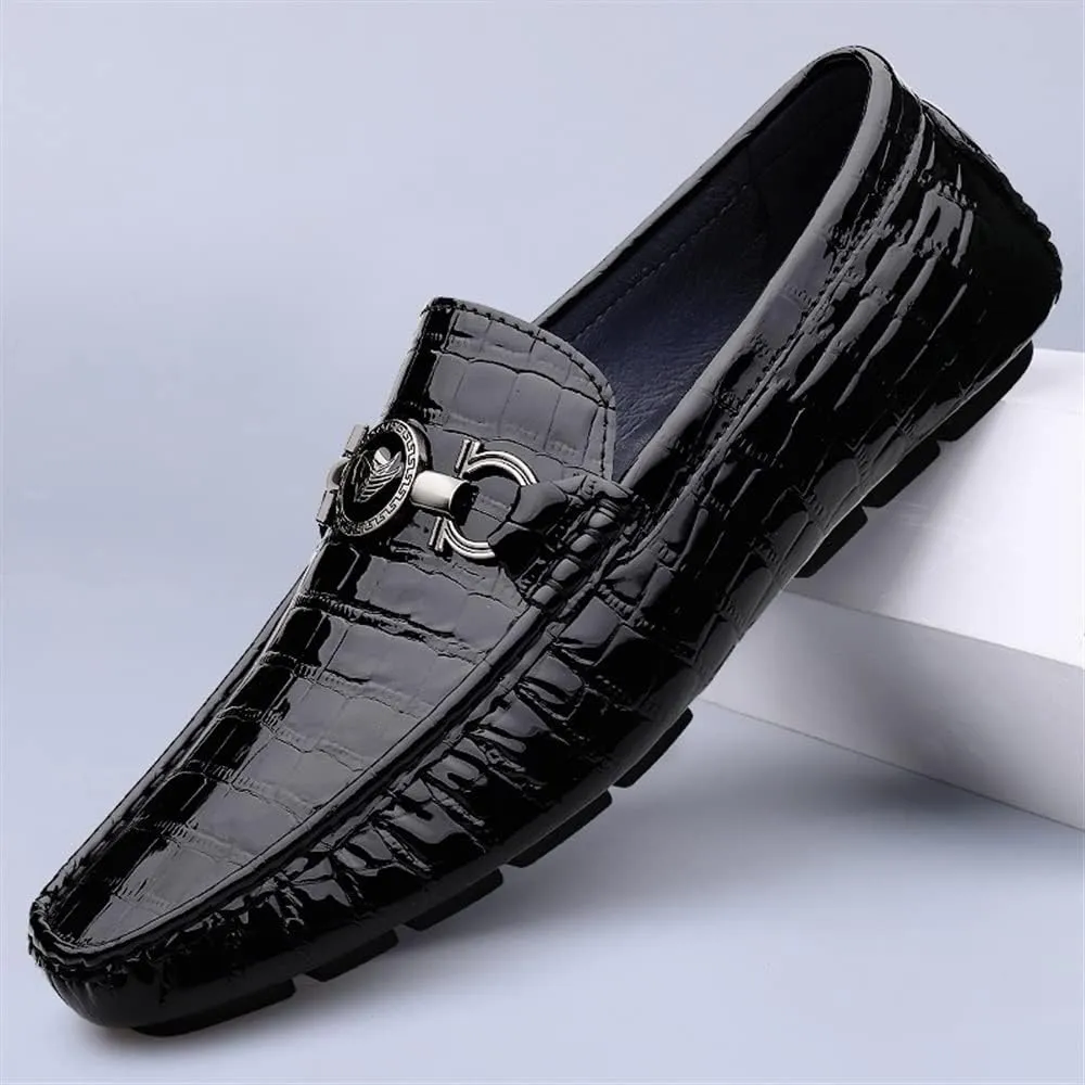 MCMUS Driving Moccasins Loafer Shoes for Men Round Toe Faux Crocodile Embossed Leather Flat Heel Anti-Slip Lightweight Resistant Flexible Outdoor Slip On for Any Attire