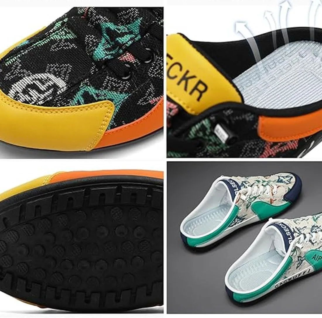 Men's Backless Sneakers, New Slip-On Men's Sports Slippers, Casual Beach Breathable Mesh Half Slippers with Colorful Print