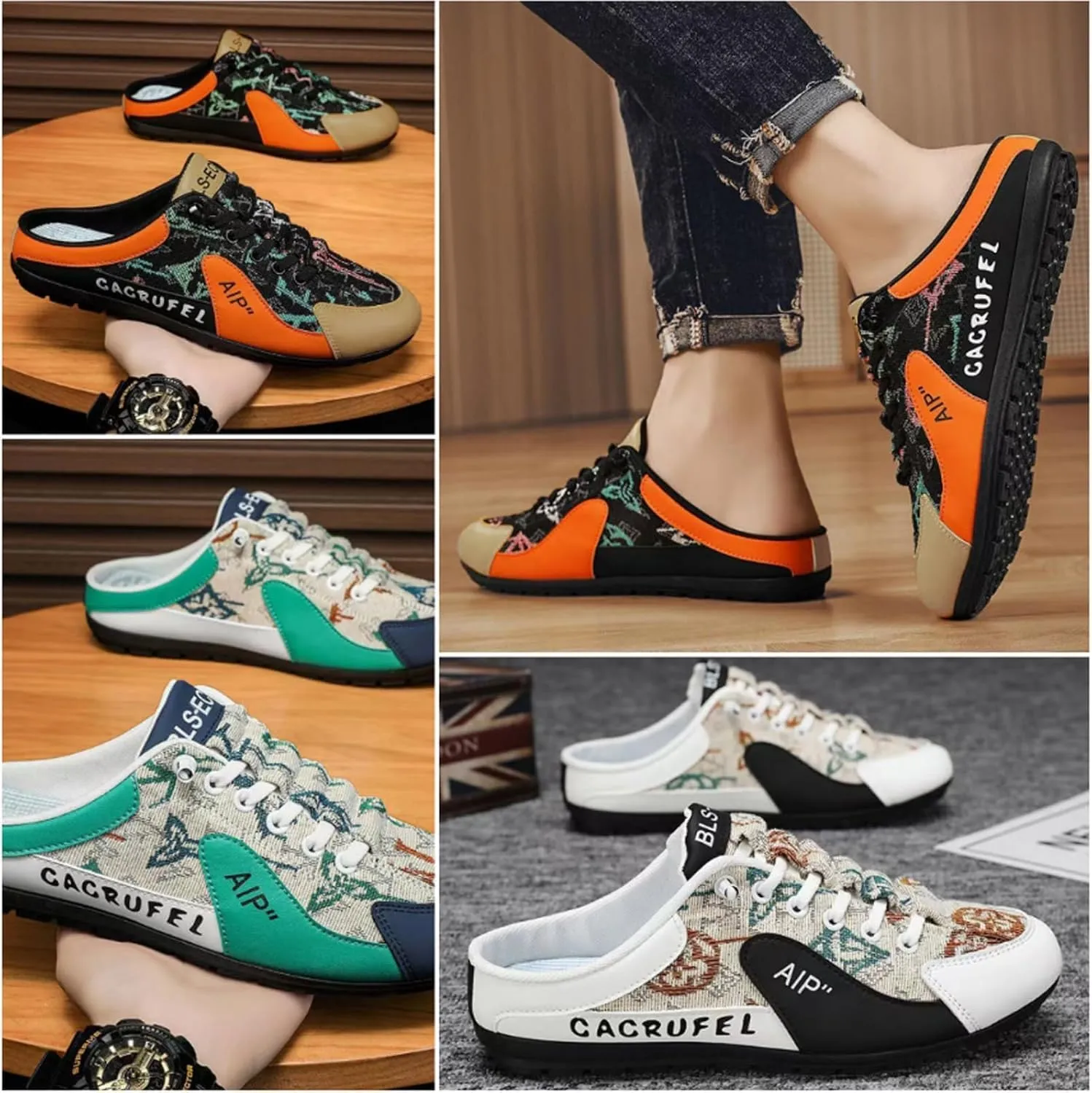 Men's Backless Sneakers, New Slip-On Men's Sports Slippers, Casual Beach Breathable Mesh Half Slippers with Colorful Print