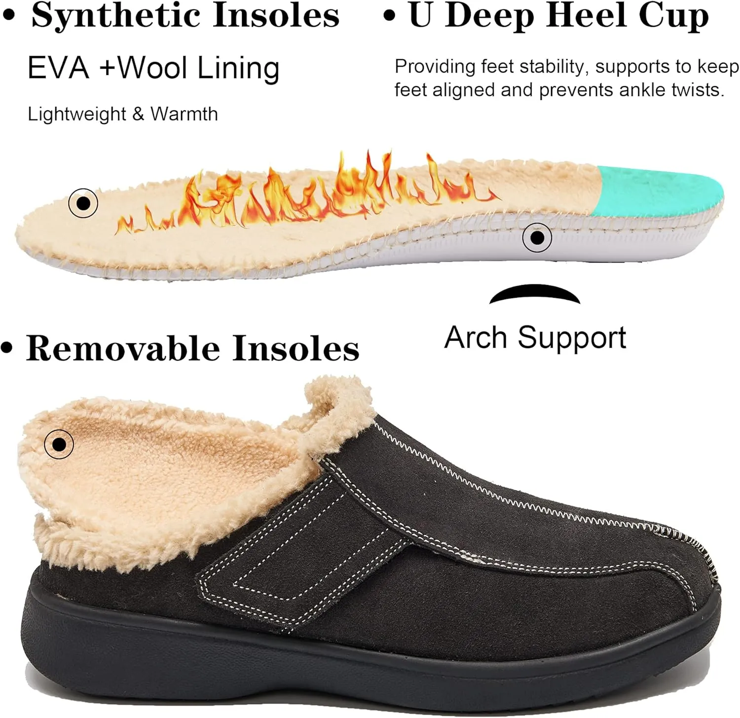 Men's Suede Leather House Slippers Arch Support Non Slip (Size:US 8-US 14.5)