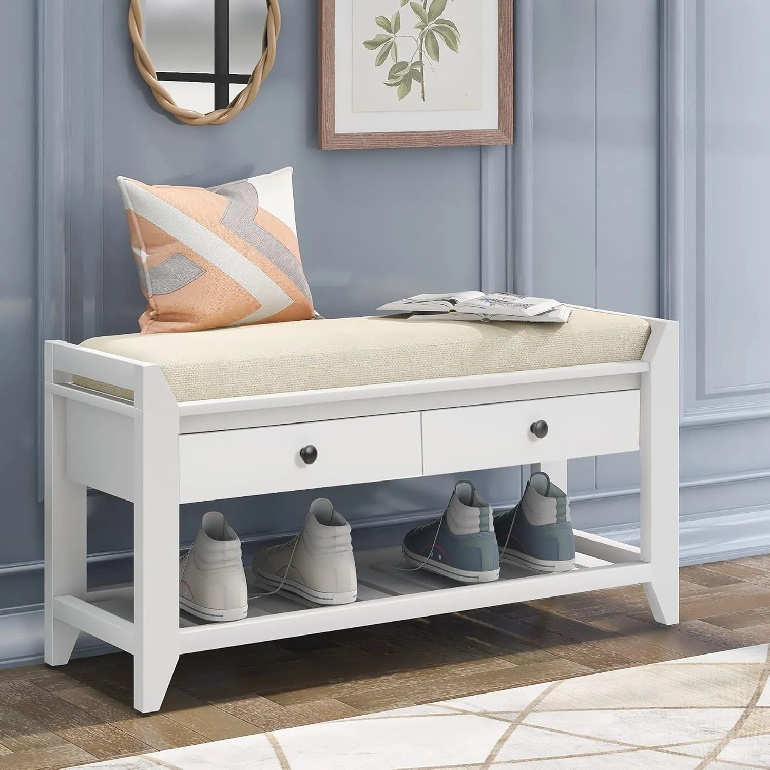 Merax Shoe Rack with Cushioned Seat, Shoe Bench Shoe Organizer with 2 Storage Drawers, Entryway Storage Bench for Entryway or Hallway, White