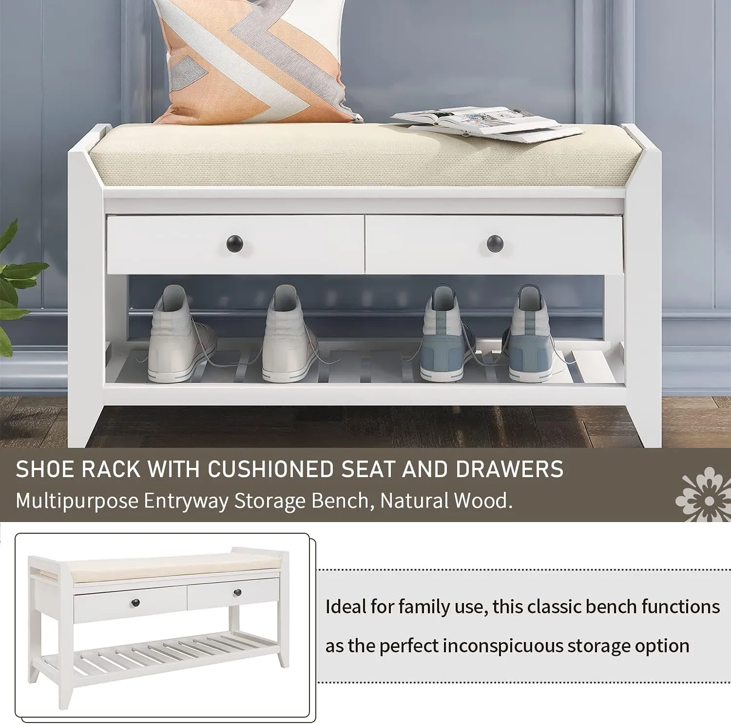 Merax Shoe Rack with Cushioned Seat, Shoe Bench Shoe Organizer with 2 Storage Drawers, Entryway Storage Bench for Entryway or Hallway, White