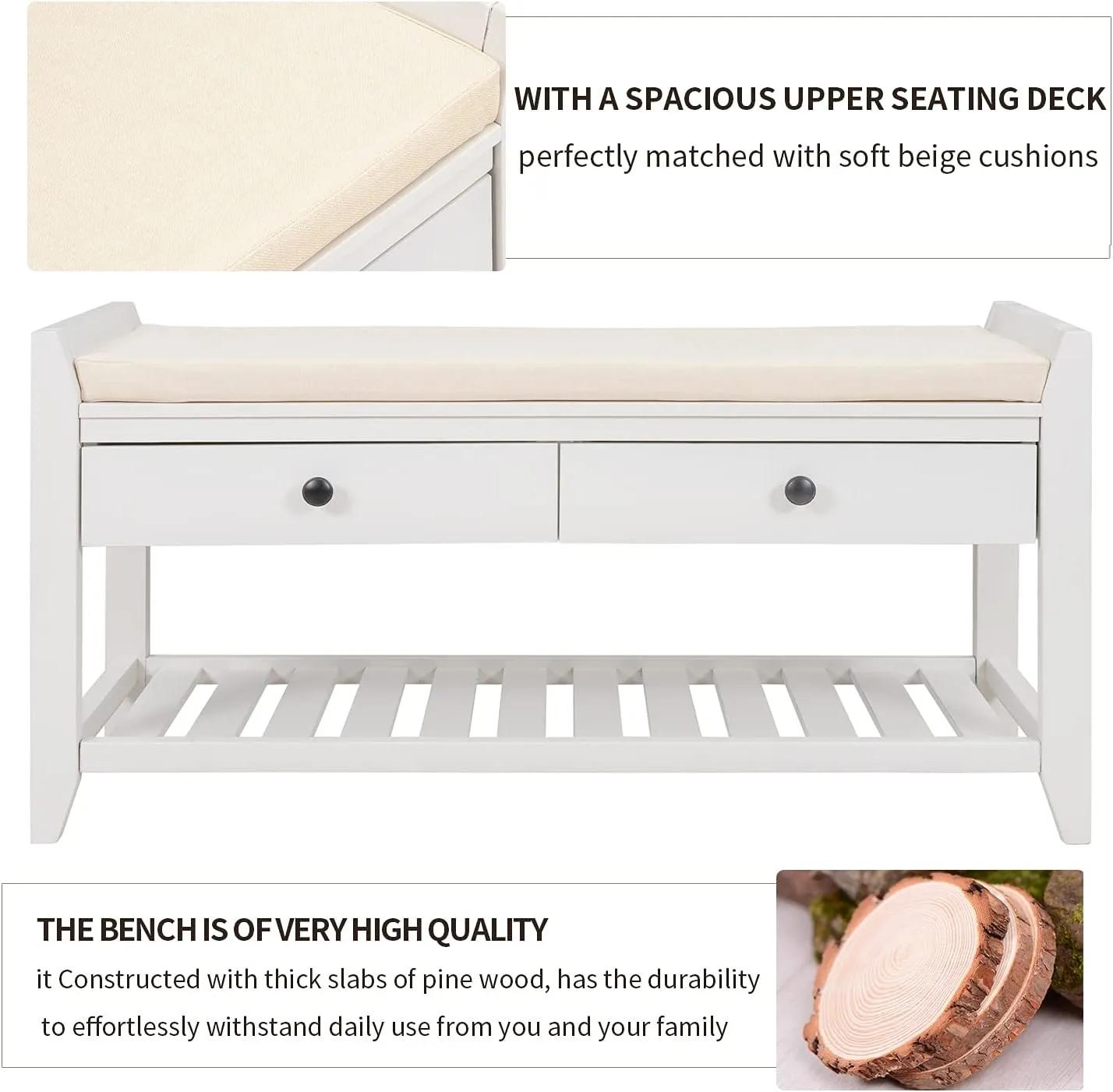 Merax Shoe Rack with Cushioned Seat, Shoe Bench Shoe Organizer with 2 Storage Drawers, Entryway Storage Bench for Entryway or Hallway, White