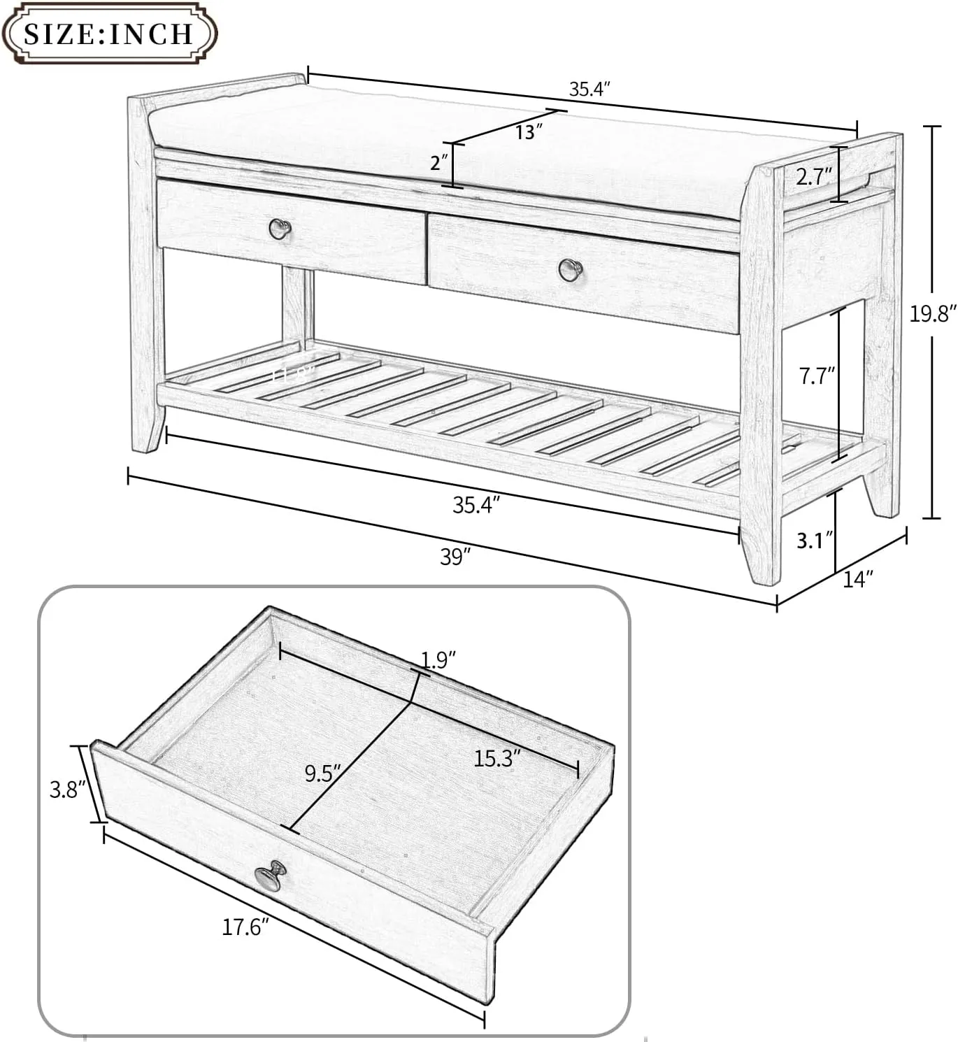 Merax Shoe Rack with Cushioned Seat, Shoe Bench Shoe Organizer with 2 Storage Drawers, Entryway Storage Bench for Entryway or Hallway, White