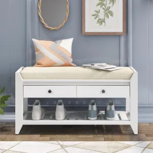 Merax Shoe Rack with Cushioned Seat, Shoe Bench Shoe Organizer with 2 Storage Drawers, Entryway Storage Bench for Entryway or Hallway, White
