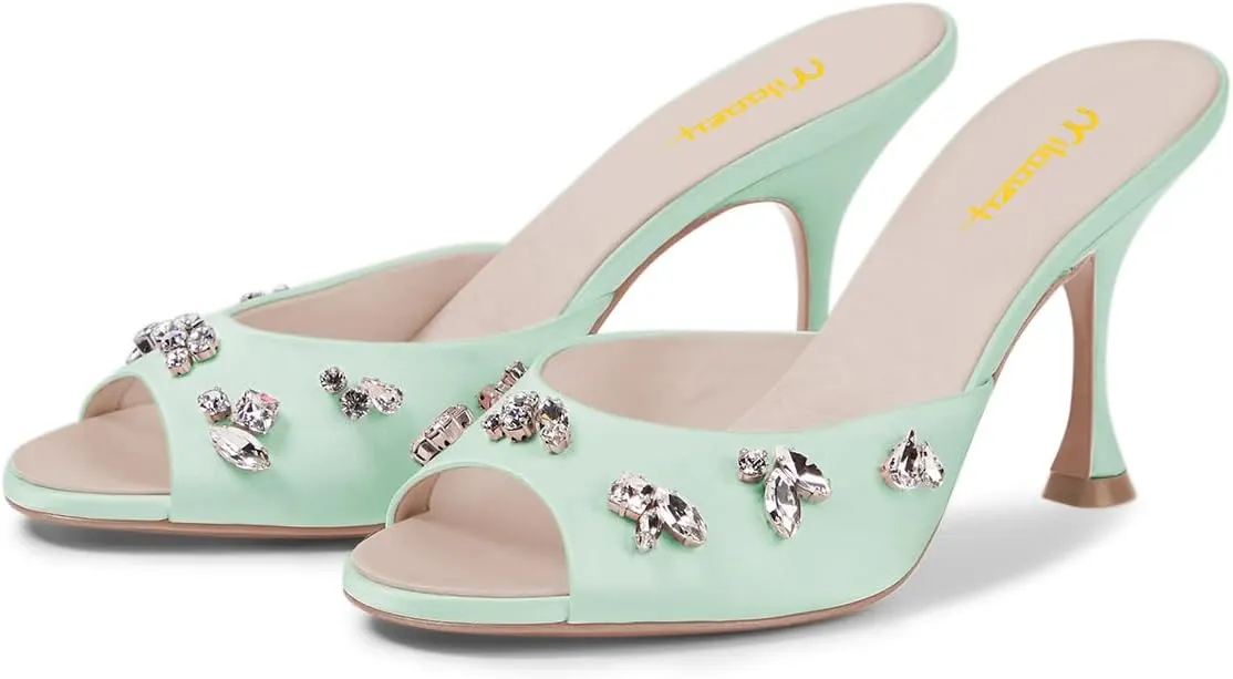 Milooey shoes Women's Peep Toe Stiletto Mules Glitter Rhinestone Studded Heeled Sandals High Heels Slides Backless Dressy Slipper Wedding Party Shoes Size 4-16 US