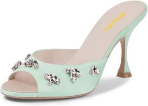 Milooey shoes Women's Peep Toe Stiletto Mules Glitter Rhinestone Studded Heeled Sandals High Heels Slides Backless Dressy Slipper Wedding Party Shoes Size 4-16 US