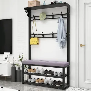 Modern Industrial Entryway Coat Rack with Shoe Bench: 11 Hooks 2 Tier Shoe Rack 4 in 1 Hall Tree for Hallway and Living Rooms Easy to Assemble 100x30x172cm