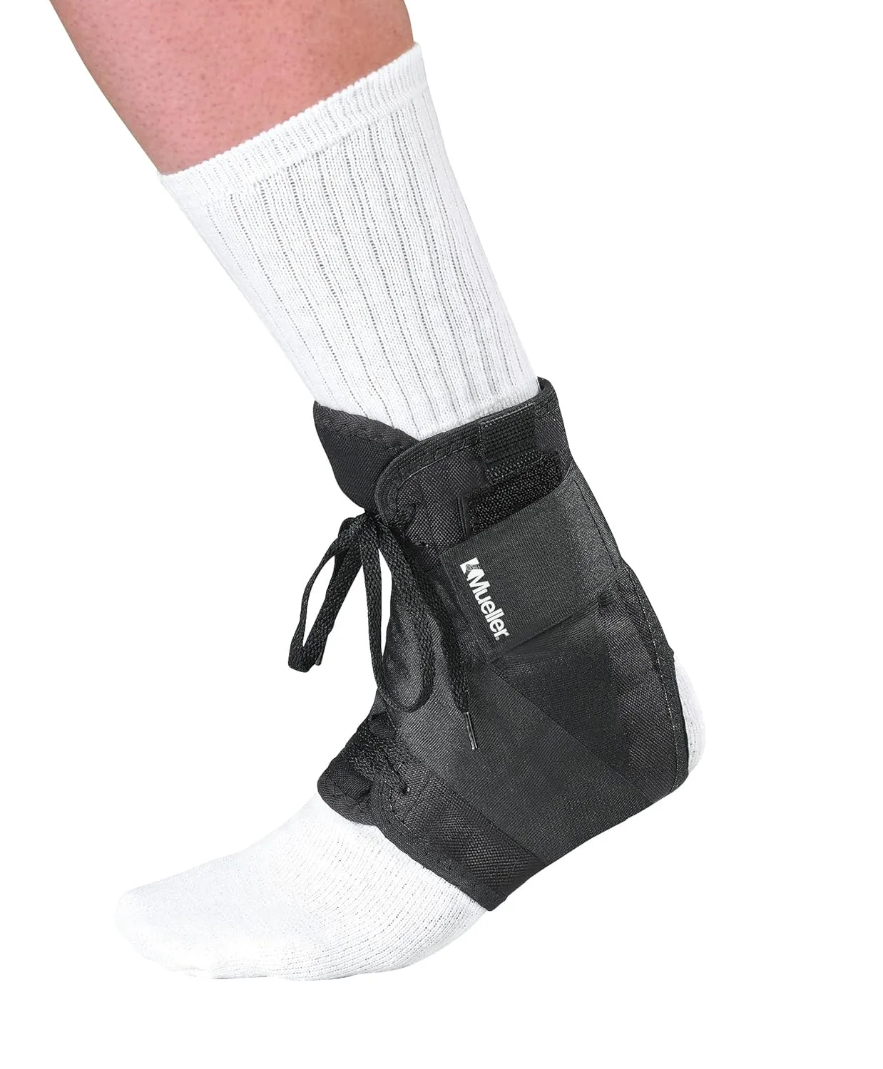 MUELLER Sports Medicine Soft Ankle Brace with Straps, Ankle Pain Relief Support for Men and Women, Ideal for Sprains, Strains, Arthritis, Black, Medium