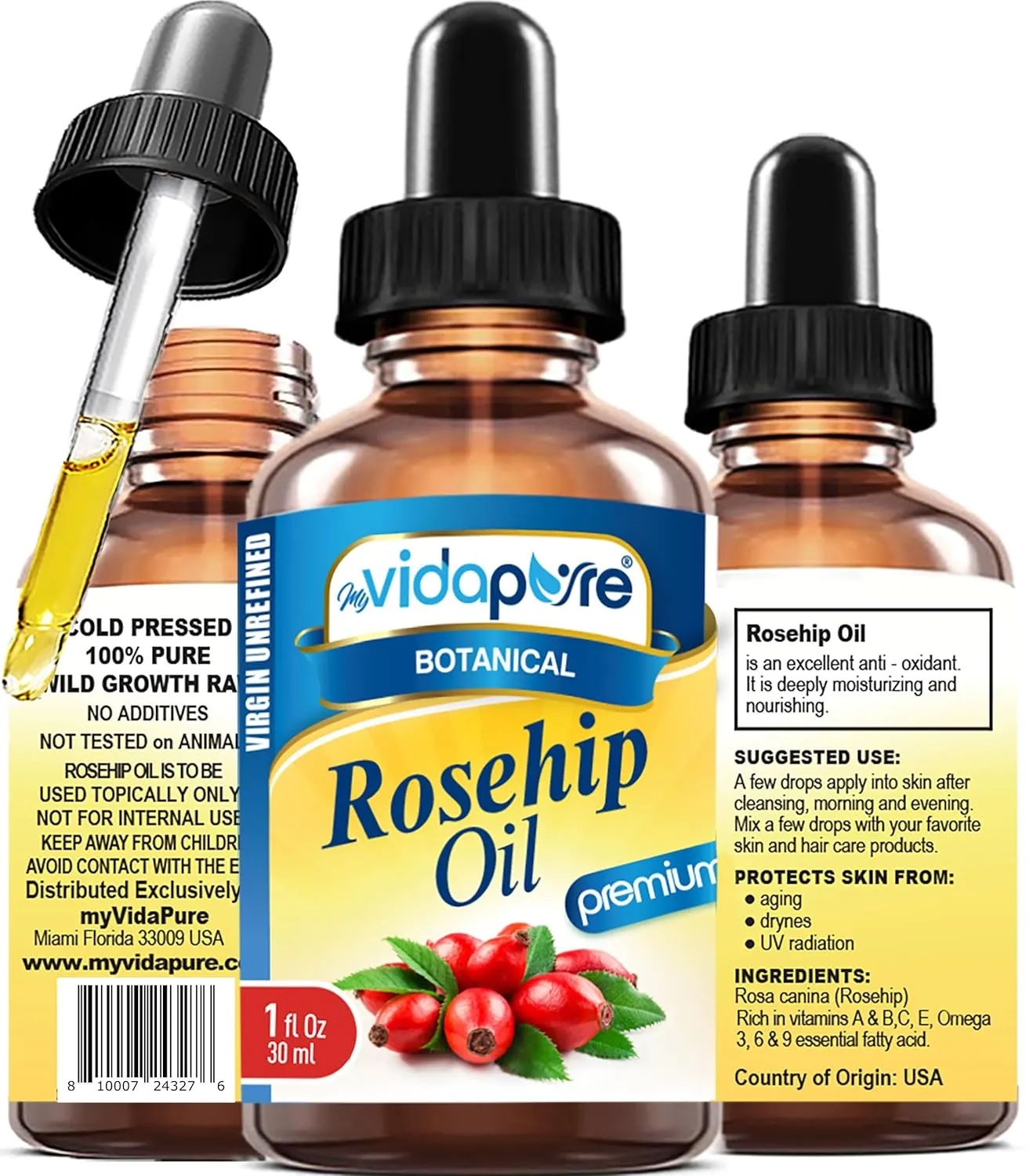 myVidaPure ROSEHIP OIL Vitamin A, Vitamin C, Vitamen E for WRINKLES, SCARS, STRETCH MARKS, Face, Body, Hair, Lip Care, 1 Fl.oz.- 30 ml