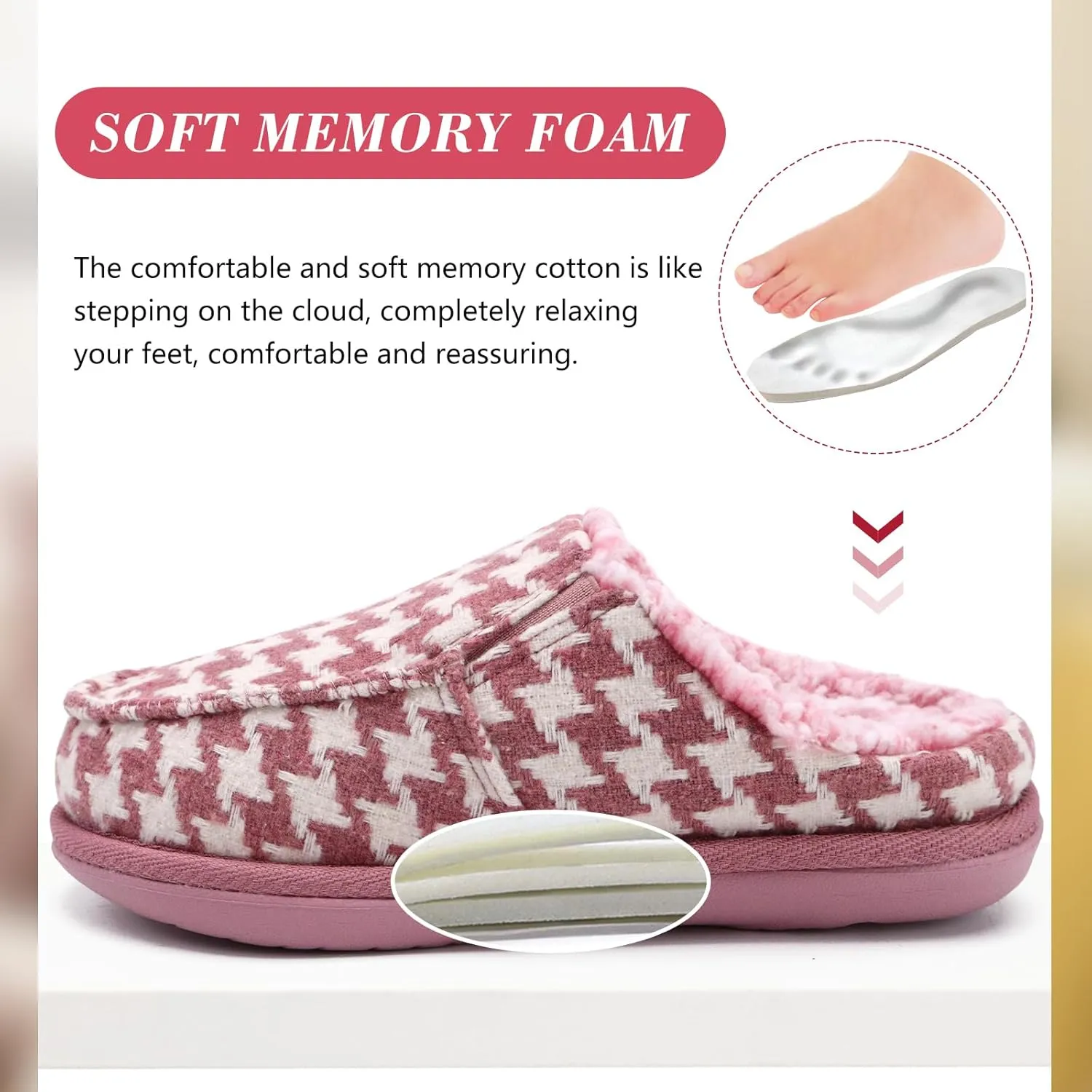 ONCAI Women's Slippers Plush Woolen Fabric Houndstooth Cotton-Blend High-Density Memory Foam Fluff Clog Plaid Comfort Faux Fur House Slippers Slip on Indoor Outdoor Yoga Mat Rubber Sole US Size 5-11
