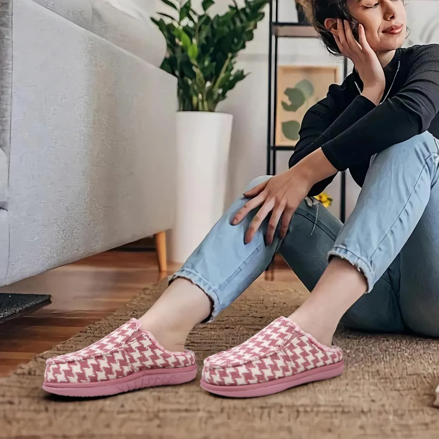 ONCAI Women's Slippers Plush Woolen Fabric Houndstooth Cotton-Blend High-Density Memory Foam Fluff Clog Plaid Comfort Faux Fur House Slippers Slip on Indoor Outdoor Yoga Mat Rubber Sole US Size 5-11