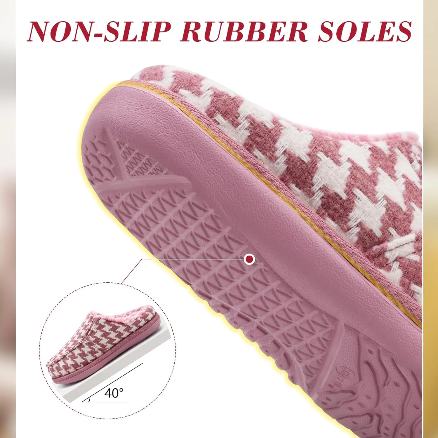 ONCAI Women's Slippers Plush Woolen Fabric Houndstooth Cotton-Blend High-Density Memory Foam Fluff Clog Plaid Comfort Faux Fur House Slippers Slip on Indoor Outdoor Yoga Mat Rubber Sole US Size 5-11