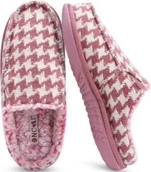 ONCAI Women's Slippers Plush Woolen Fabric Houndstooth Cotton-Blend High-Density Memory Foam Fluff Clog Plaid Comfort Faux Fur House Slippers Slip on Indoor Outdoor Yoga Mat Rubber Sole US Size 5-11