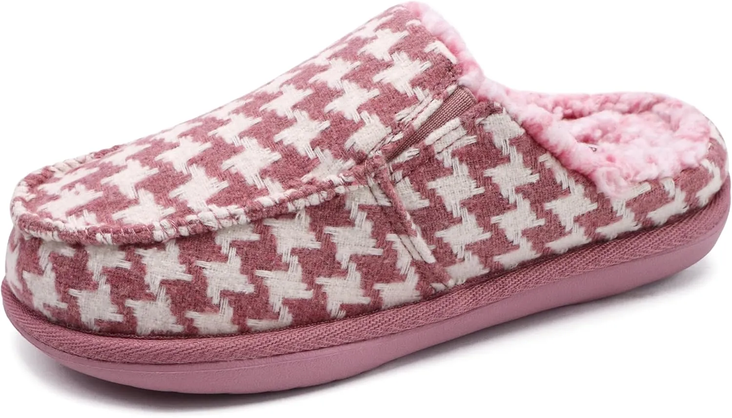 ONCAI Women's Slippers Plush Woolen Fabric Houndstooth Cotton-Blend High-Density Memory Foam Fluff Clog Plaid Comfort Faux Fur House Slippers Slip on Indoor Outdoor Yoga Mat Rubber Sole US Size 5-11