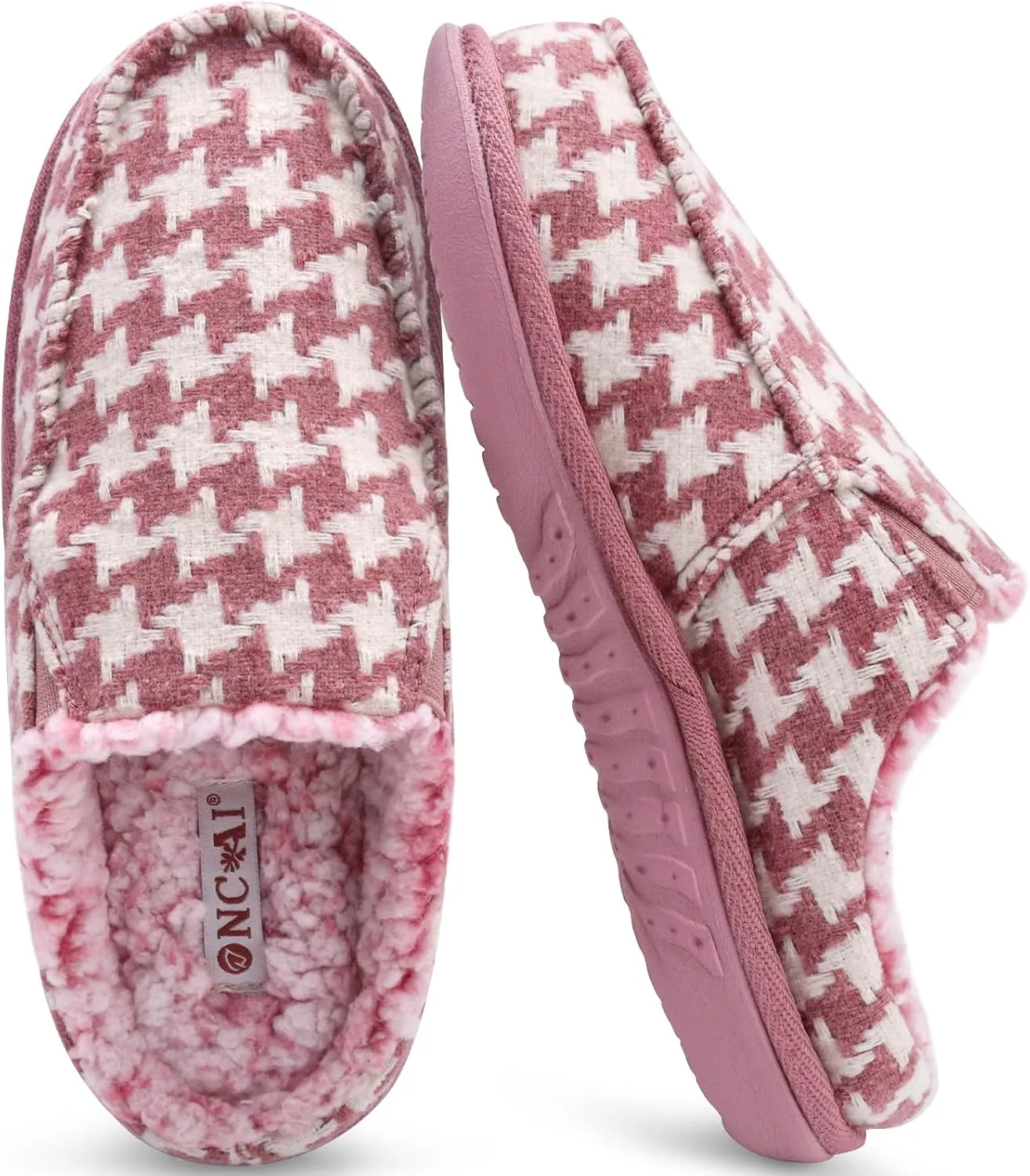ONCAI Women's Slippers Plush Woolen Fabric Houndstooth Cotton-Blend High-Density Memory Foam Fluff Clog Plaid Comfort Faux Fur House Slippers Slip on Indoor Outdoor Yoga Mat Rubber Sole US Size 5-11