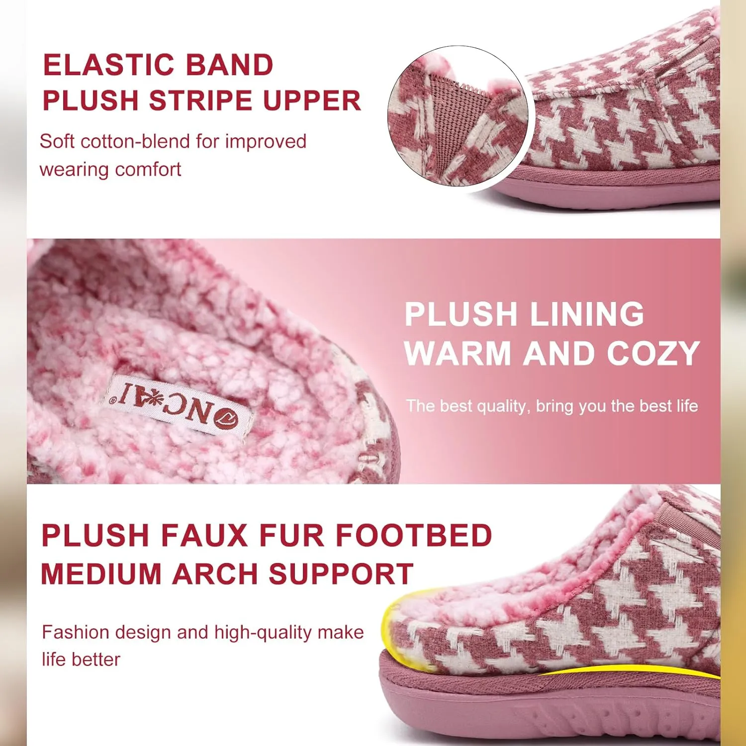 ONCAI Women's Slippers Plush Woolen Fabric Houndstooth Cotton-Blend High-Density Memory Foam Fluff Clog Plaid Comfort Faux Fur House Slippers Slip on Indoor Outdoor Yoga Mat Rubber Sole US Size 5-11