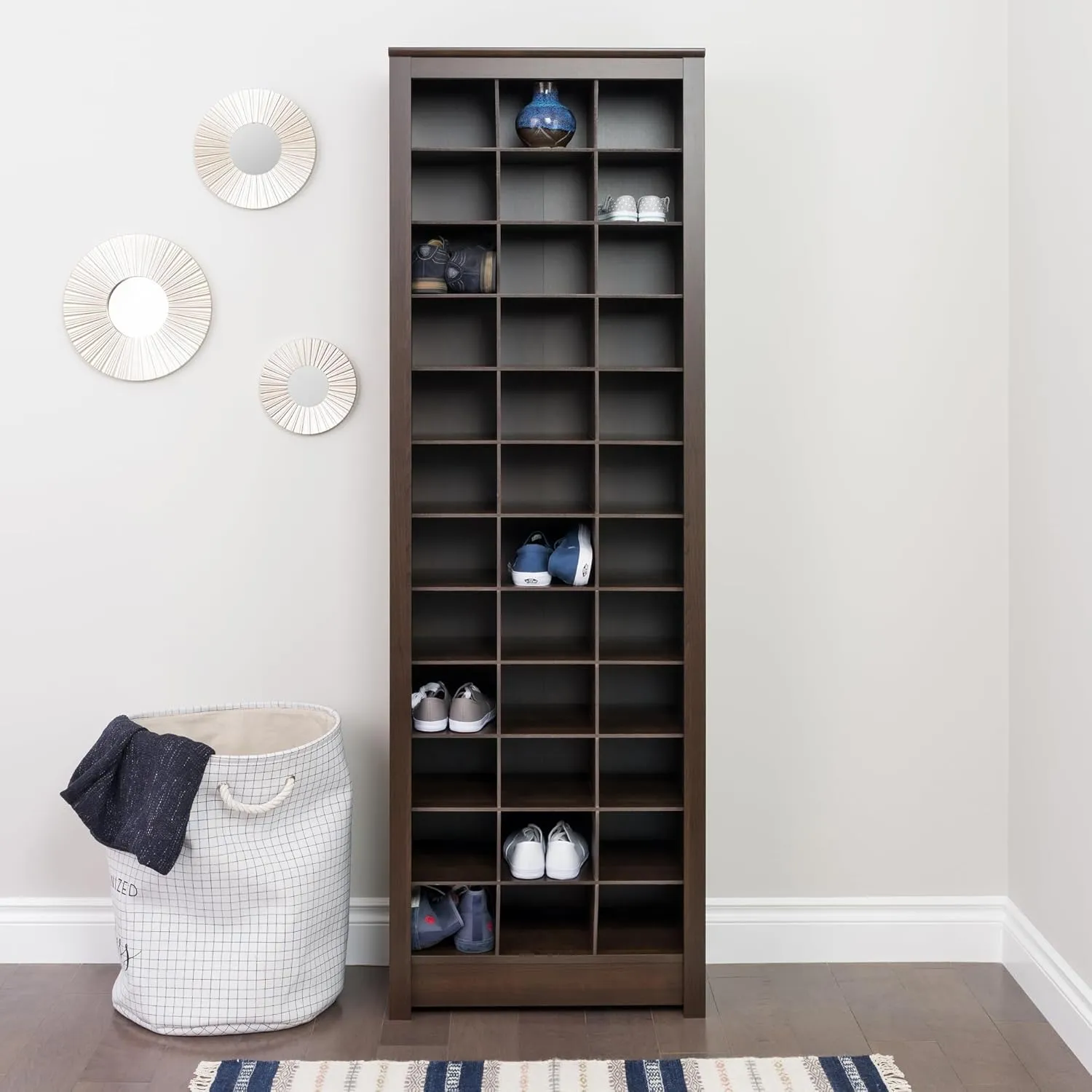 Prepac Elegant Brown Shoe Storage Cabinet, Space-Saving Solution with Cubbies for 36 Pairs, 13"D x 23.5" W x 72.5" H