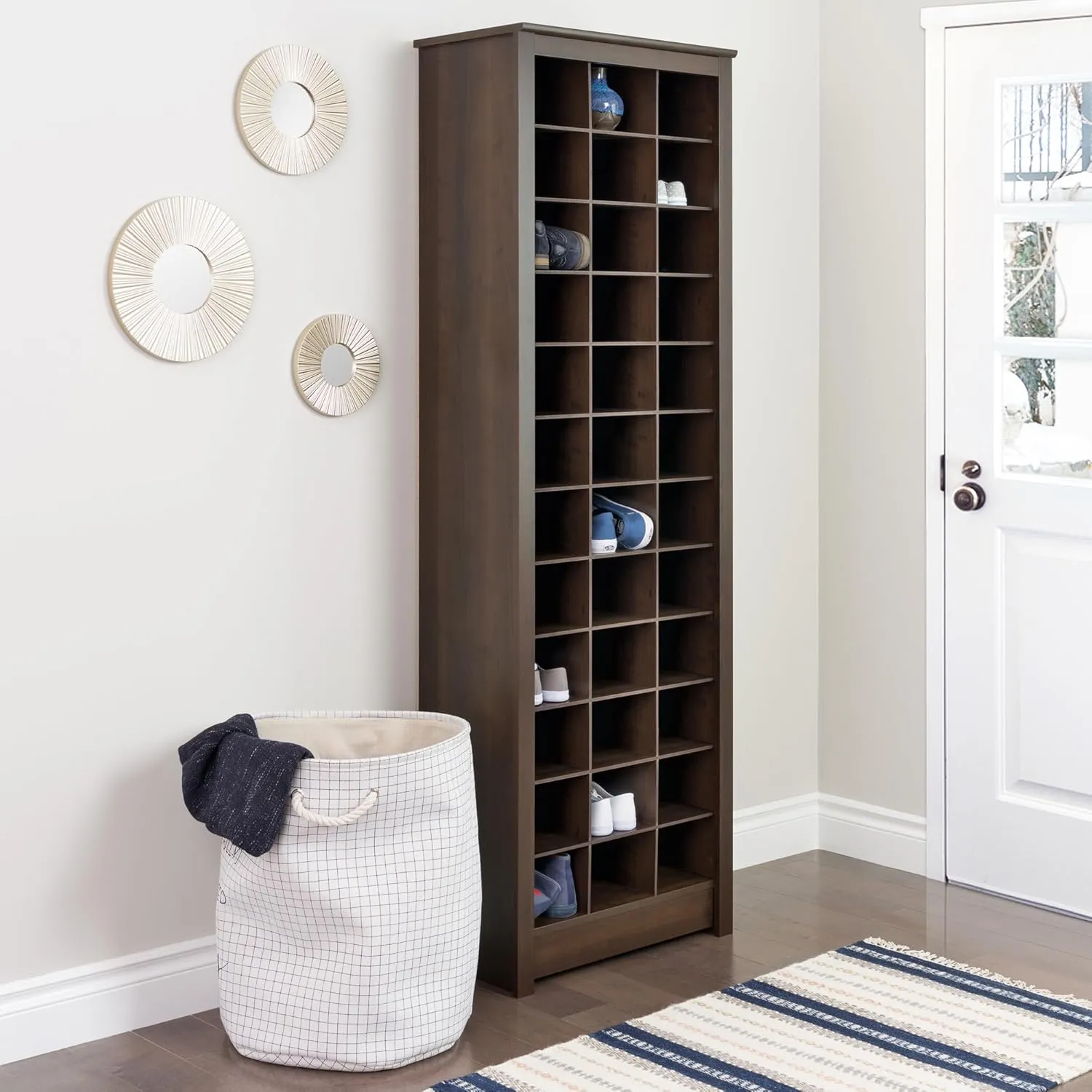 Prepac Elegant Brown Shoe Storage Cabinet, Space-Saving Solution with Cubbies for 36 Pairs, 13"D x 23.5" W x 72.5" H
