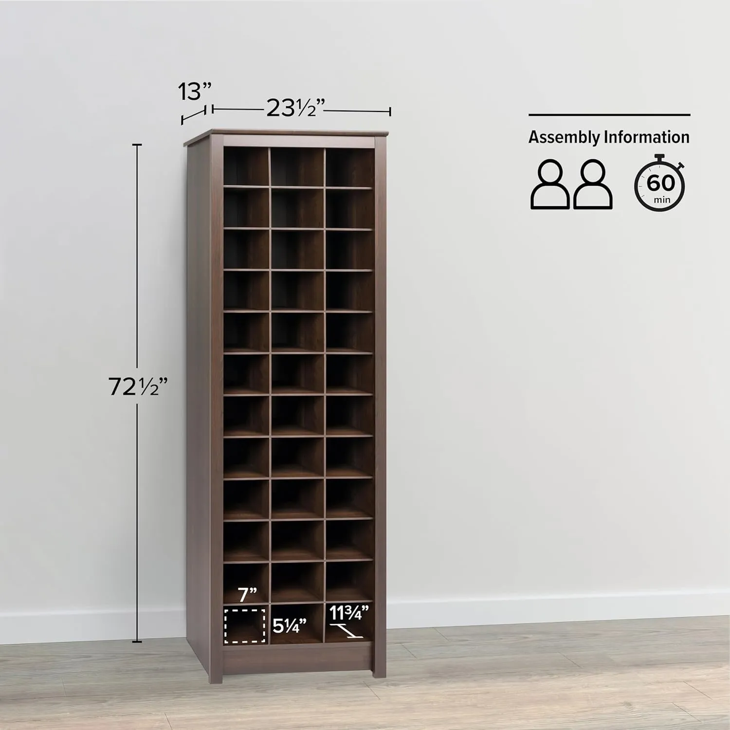 Prepac Elegant Brown Shoe Storage Cabinet, Space-Saving Solution with Cubbies for 36 Pairs, 13"D x 23.5" W x 72.5" H