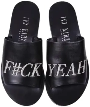 Quotes f### Yeah Badass Black Flat Slide Mule Slip On Sandals