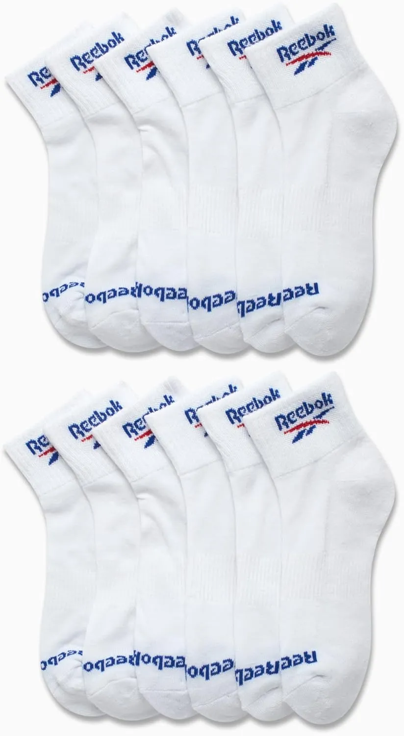 Reebok Boys' Quarter Socks - 12 Pack Stretch Performance Quarter Cut Arch Support Socks - Cushioned Athletic Socks for Boys